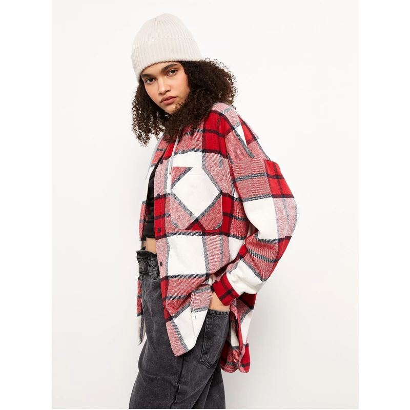 LC Waikiki Hooded Plaid Long Sleeve Flannel Oversize Women