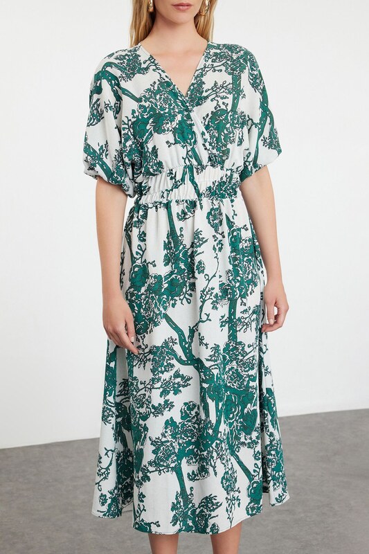 Trendyol Green Floral A-Line Double-Breasted Midi Woven Dress
