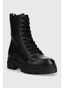 Kožne čizme Tommy Hilfiger Monochromatic Lace Up Boot Monochromatic Lace Up Boot, za žene, boja: crna, ravna potpetica