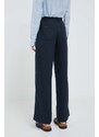 Lanene hlače Lauren Ralph Lauren boja: tamno plava, široke, srednje visoki struk