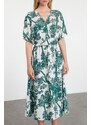 Trendyol Green Floral A-Line Double-Breasted Midi Woven Dress